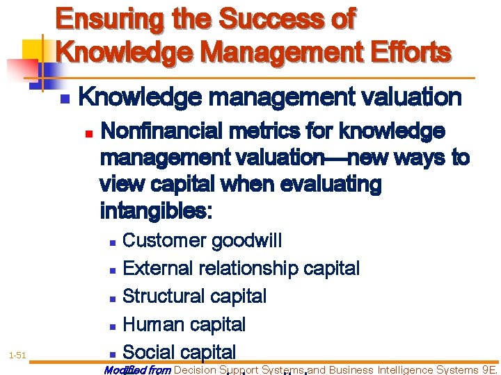 Ensuring the Success of Knowledge Management Efforts n Knowledge management valuation n Nonfinancial metrics