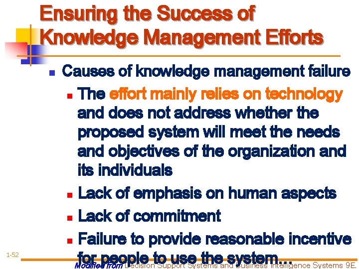 Ensuring the Success of Knowledge Management Efforts n 1 -52 Causes of knowledge management