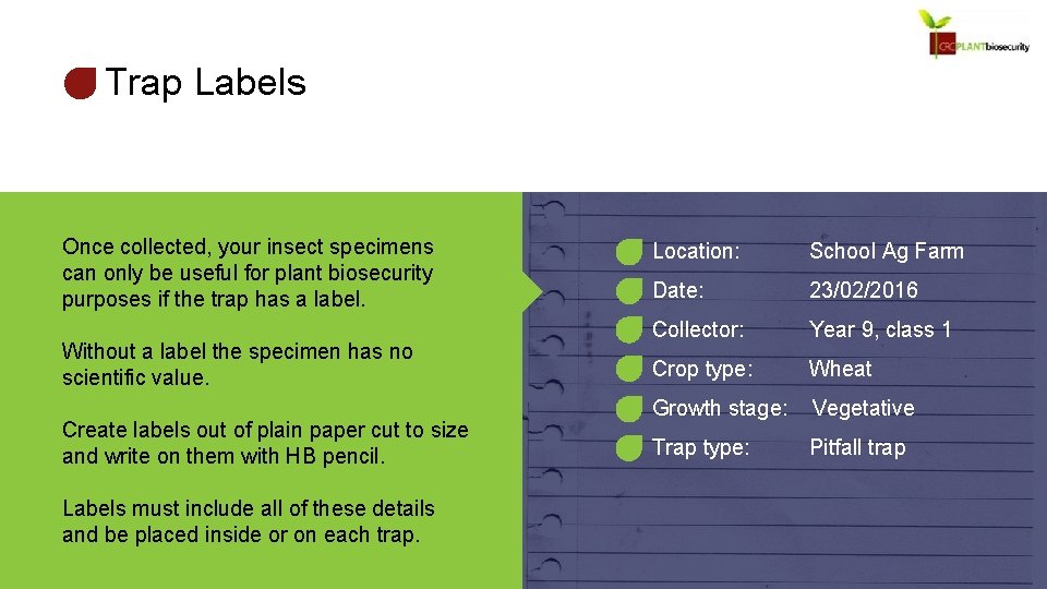 Trap Labels Once collected, your insect specimens can only be useful for plant biosecurity
