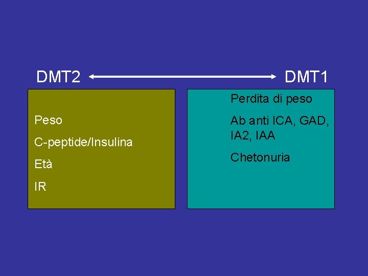 DMT 2 DMT 1 Perdita di peso Peso C-peptide/Insulina Età IR Ab anti ICA,