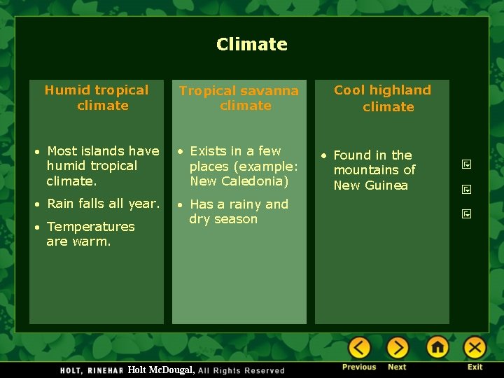 Climate Humid tropical climate Tropical savanna climate Most islands have humid tropical climate. •