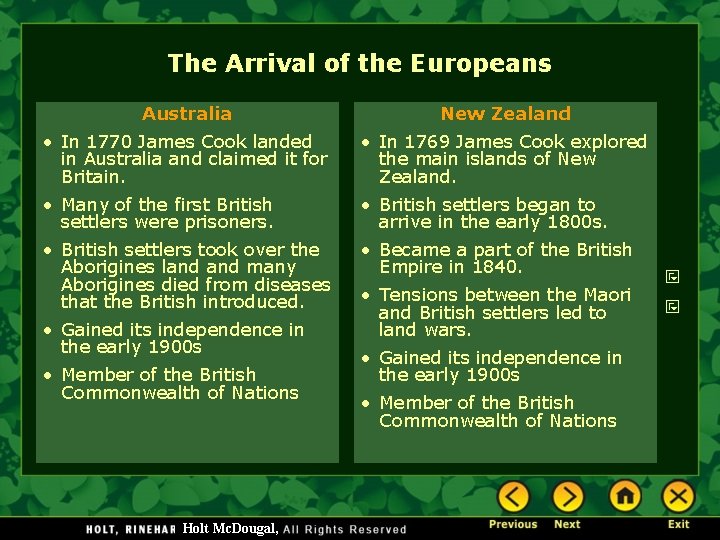 The Arrival of the Europeans Australia New Zealand • In 1770 James Cook landed