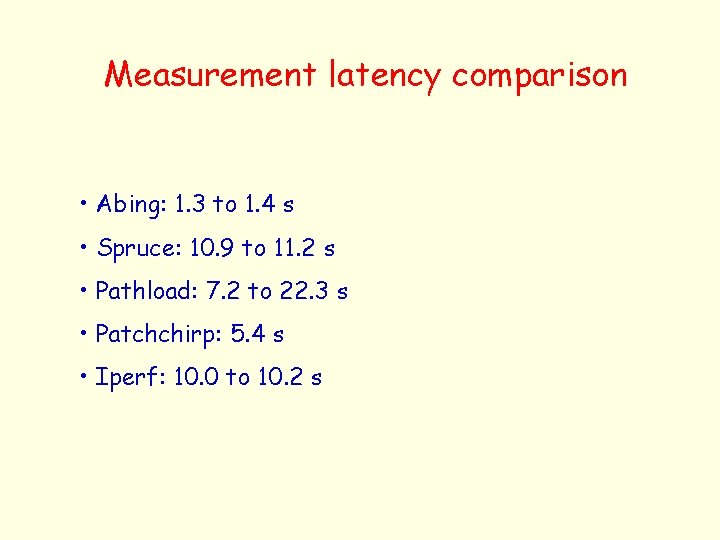 Measurement latency comparison • Abing: 1. 3 to 1. 4 s • Spruce: 10.