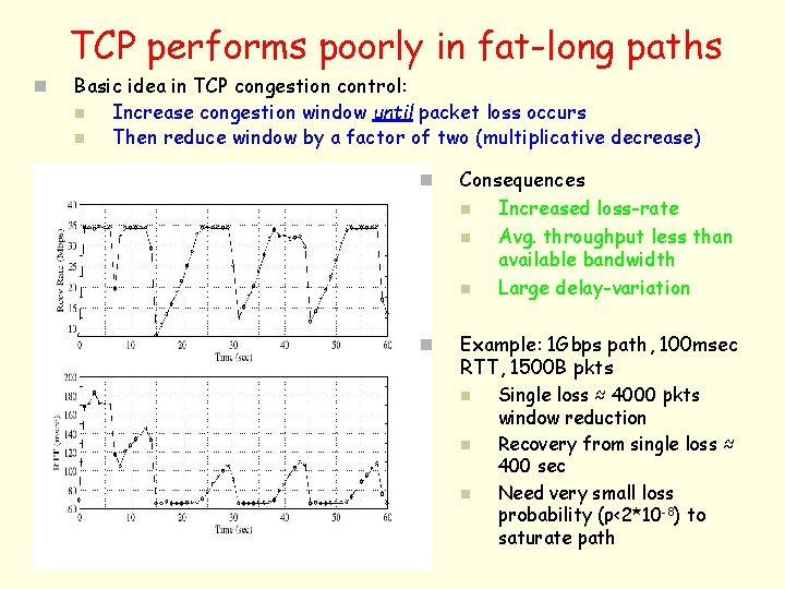 TCP performs poorly in fat-long paths n Basic idea in TCP congestion control: n