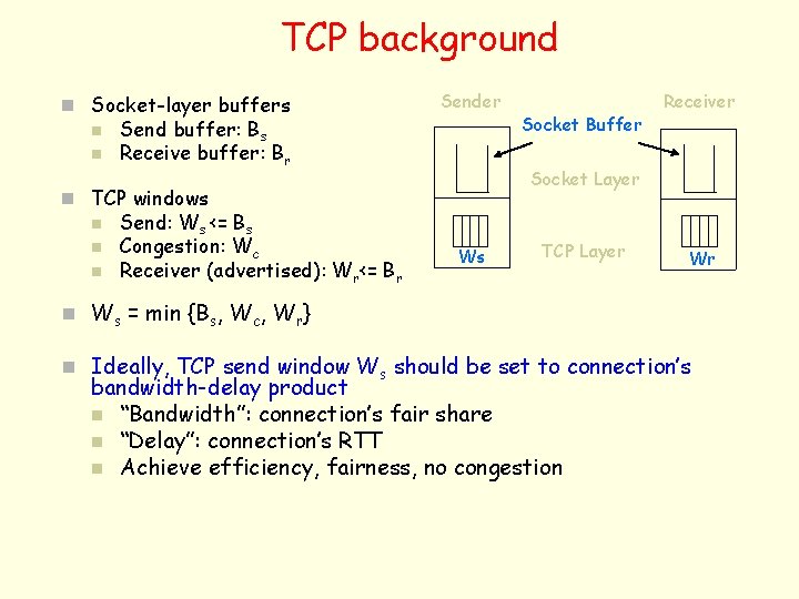 TCP background n Socket-layer buffers n n Sender Send buffer: Bs Receive buffer: Br