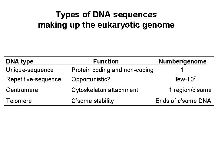 Types of DNA sequences making up the eukaryotic genome DNA type Unique-sequence Function Number/genome