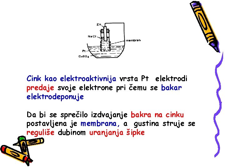 Cink kao elektroaktivnija vrsta Pt elektrodi predaje svoje elektrone pri čemu se bakar elektrodeponuje