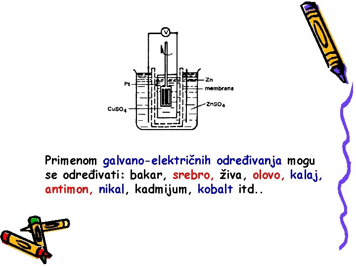 Primenom galvano-električnih određivanja mogu se određivati: bakar, srebro, živa, olovo, kalaj, antimon, nikal, kadmijum,