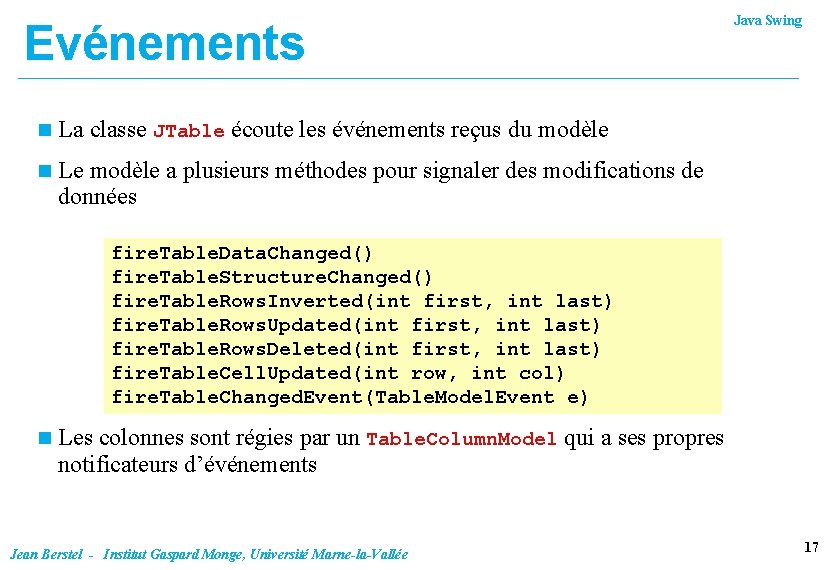 Evénements n La classe JTable écoute les événements reçus du modèle n Le modèle Evénements n La classe JTable écoute les événements reçus du modèle n Le modèle