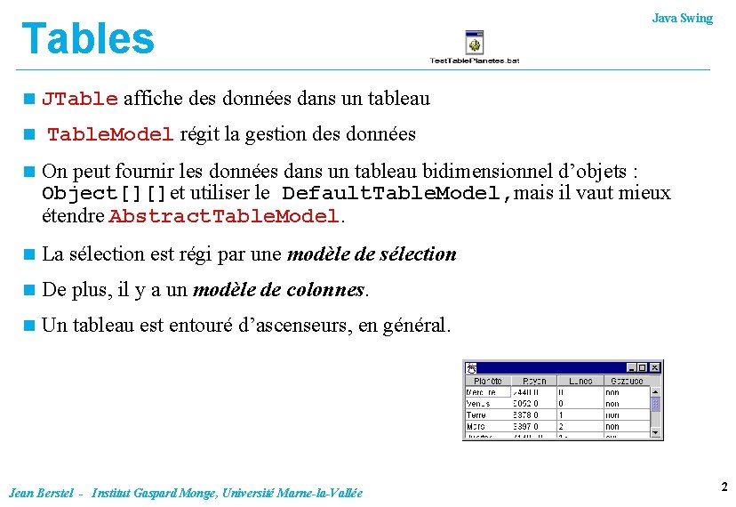 Tables n JTable affiche des données dans un tableau n Table. Model régit la Tables n JTable affiche des données dans un tableau n Table. Model régit la