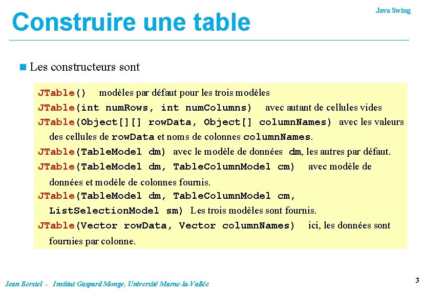 Construire une table n Java Swing Les constructeurs sont JTable() modèles par défaut pour Construire une table n Java Swing Les constructeurs sont JTable() modèles par défaut pour