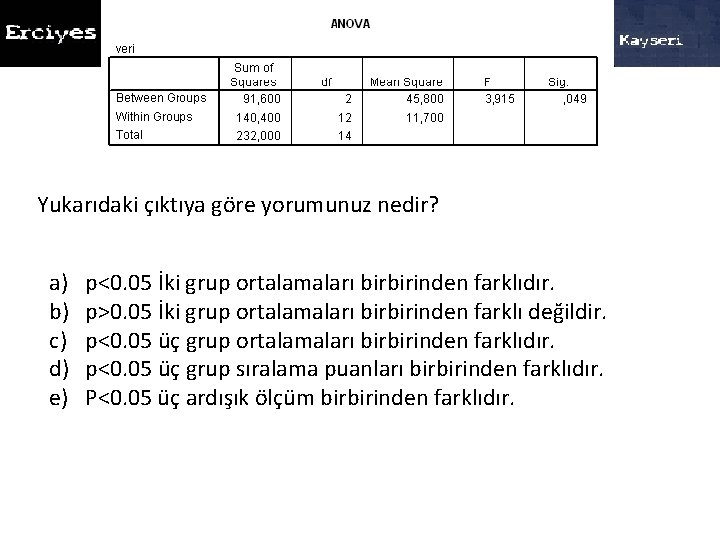 Yukarıdaki çıktıya göre yorumunuz nedir? a) b) c) d) e) p<0. 05 İki grup