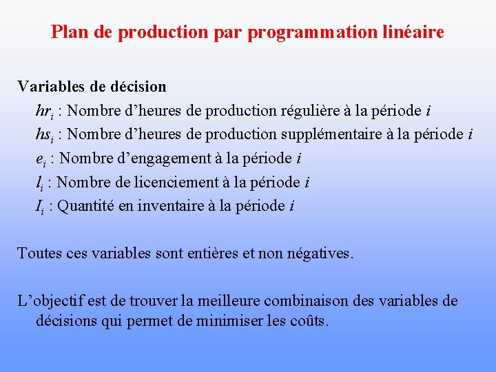 Plan de production par programmation linéaire Variables de décision hri : Nombre d’heures de