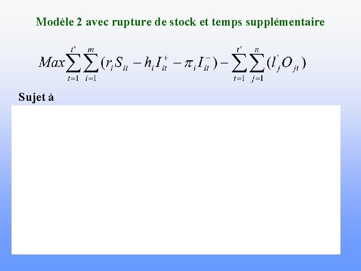 Modèle 2 avec rupture de stock et temps supplémentaire Sujet à 