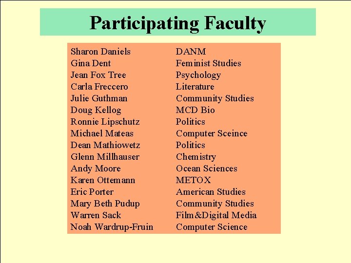 Participating Faculty Sharon Daniels Gina Dent Jean Fox Tree Carla Freccero Julie Guthman Doug