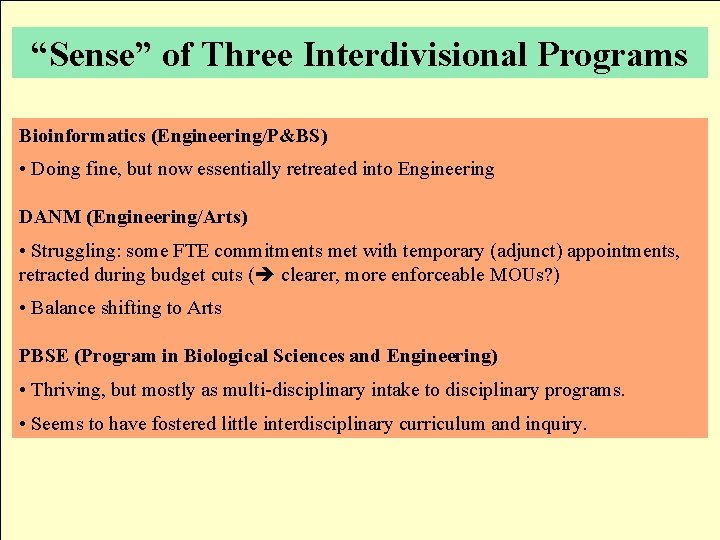 “Sense” of Three Interdivisional Programs Bioinformatics (Engineering/P&BS) • Doing fine, but now essentially retreated