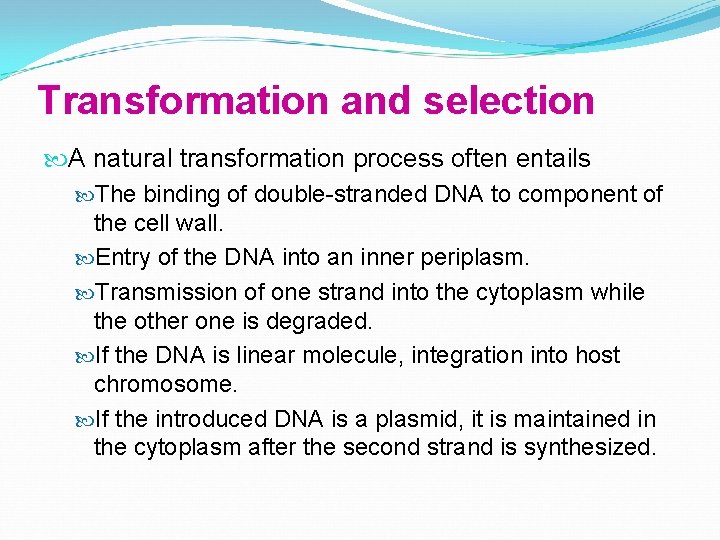 Transformation and selection A natural transformation process often entails The binding of double-stranded DNA