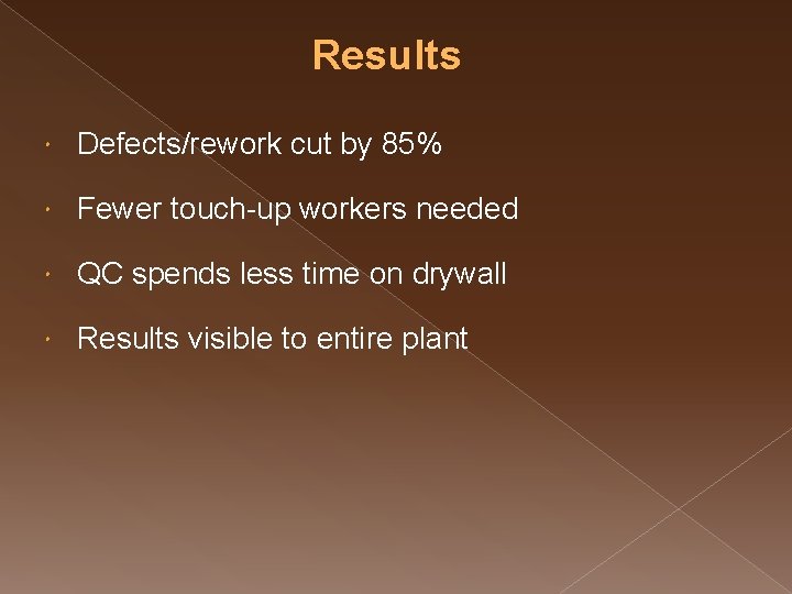 Results Defects/rework cut by 85% Fewer touch-up workers needed QC spends less time on