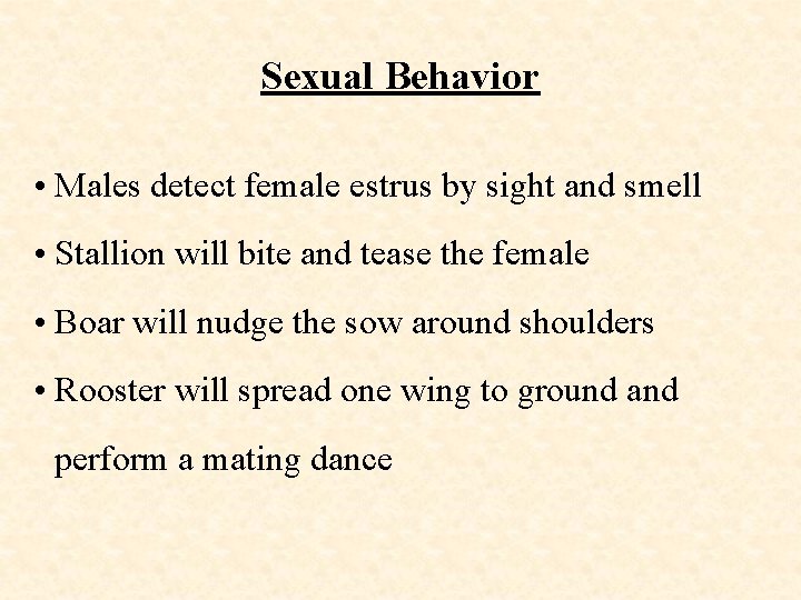 Sexual Behavior • Males detect female estrus by sight and smell • Stallion will