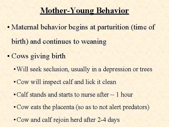 Mother-Young Behavior • Maternal behavior begins at parturition (time of birth) and continues to