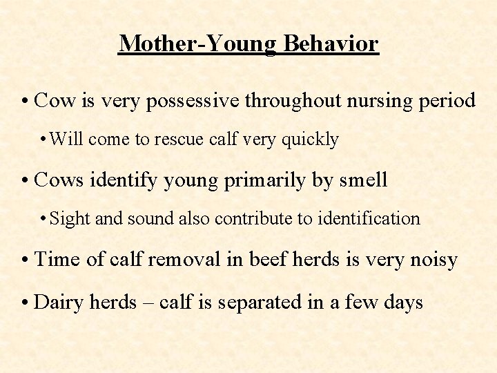 Mother-Young Behavior • Cow is very possessive throughout nursing period • Will come to