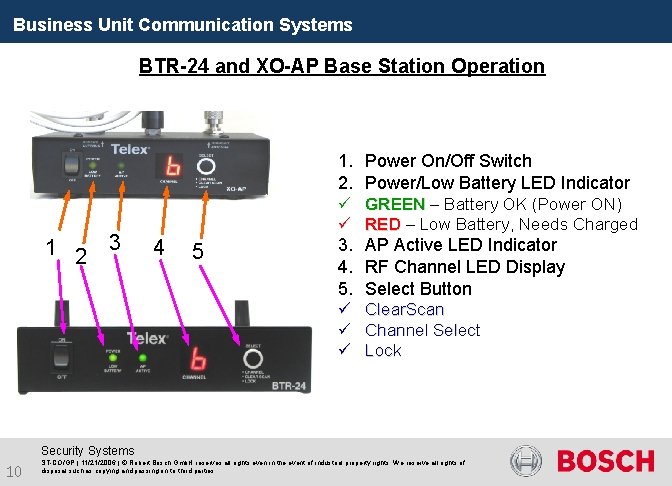 Business Unit Communication Systems BTR-24 and XO-AP Base Station Operation 1. Power On/Off Switch