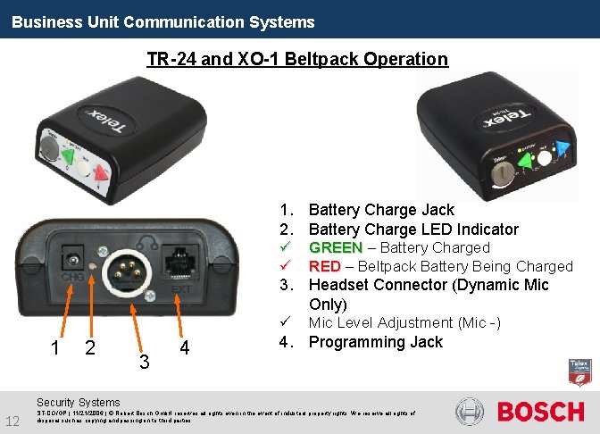 Business Unit Communication Systems TR-24 and XO-1 Beltpack Operation 1. Battery Charge Jack 2.