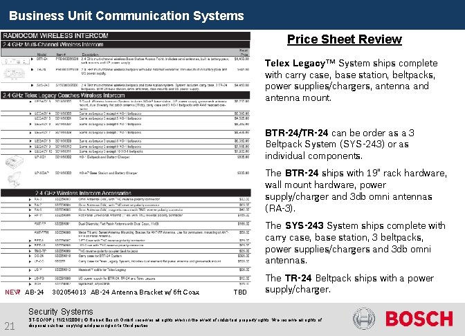 Business Unit Communication Systems Price Sheet Review Telex Legacy™ System ships complete with carry