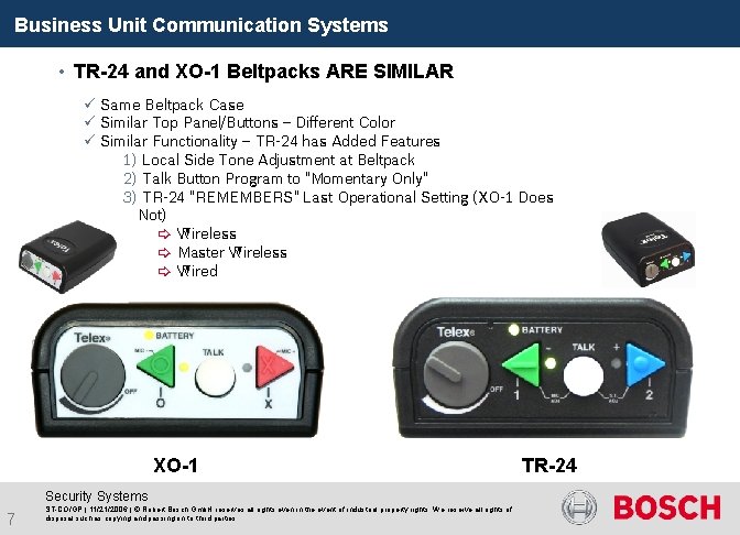 Business Unit Communication Systems • TR-24 and XO-1 Beltpacks ARE SIMILAR ü Same Beltpack