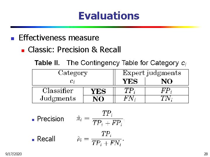 Evaluations n Effectiveness measure n Classic: Precision & Recall 9/17/2020 n Precision n Recall