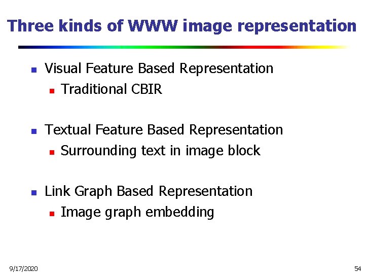 Three kinds of WWW image representation n 9/17/2020 Visual Feature Based Representation n Traditional