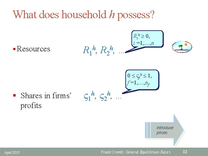 What does household h possess? § Resources R 1 h, R 2 h, …