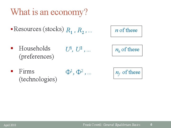 What is an economy? § Resources (stocks) R , … 1 2 n of