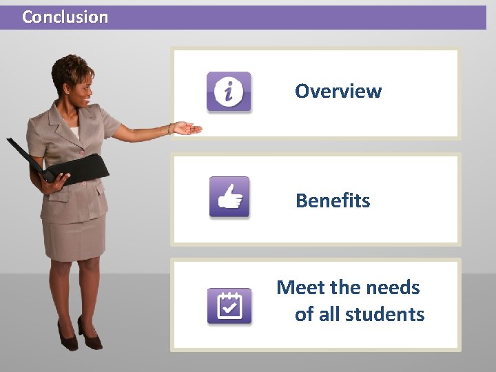 Conclusion Overview Benefits Meet the needs of all students Conclusion Overview Benefits Meet the needs of all students