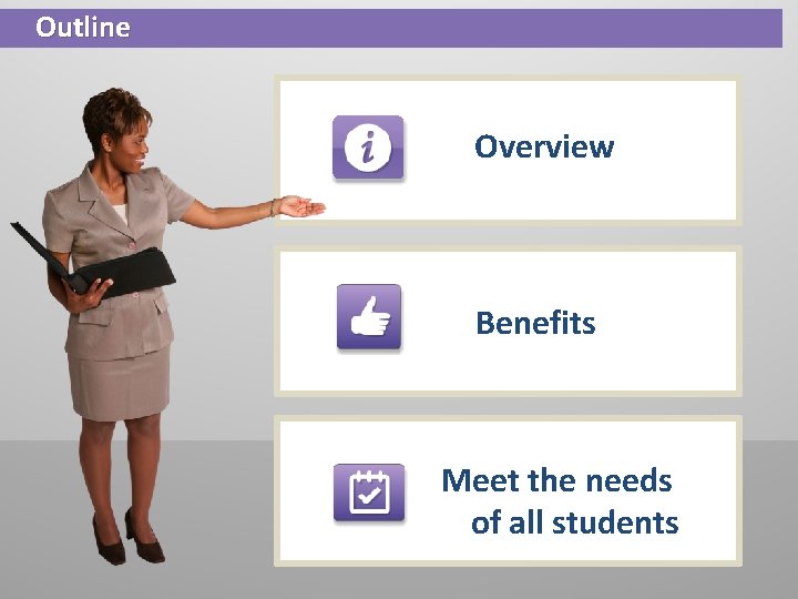 Outline Overview Benefits Meet the needs of all students Outline Overview Benefits Meet the needs of all students