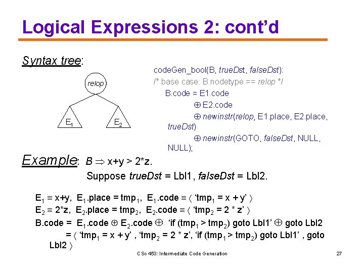 Logical Expressions 2: cont’d Syntax tree: relop E 1 Example: E 2 code. Gen_bool(B,