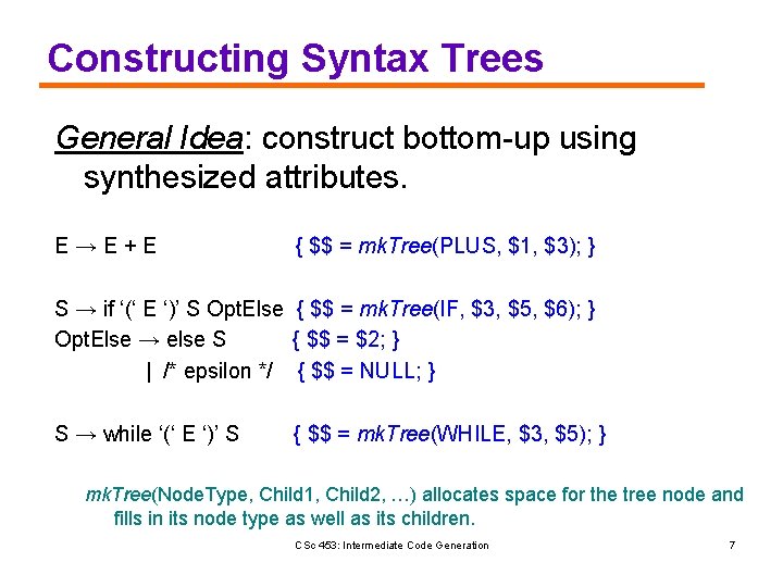 Constructing Syntax Trees General Idea: construct bottom-up using synthesized attributes. E→E+E { $$ =