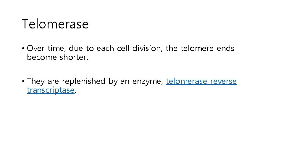 Telomerase • Over time, due to each cell division, the telomere ends become shorter.