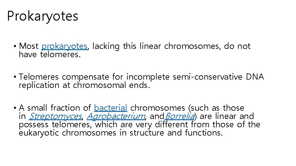 Prokaryotes • Most prokaryotes, lacking this linear chromosomes, do not have telomeres. • Telomeres