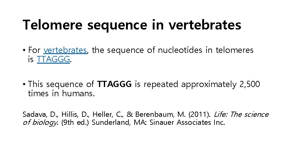 Telomere sequence in vertebrates • For vertebrates, the sequence of nucleotides in telomeres is