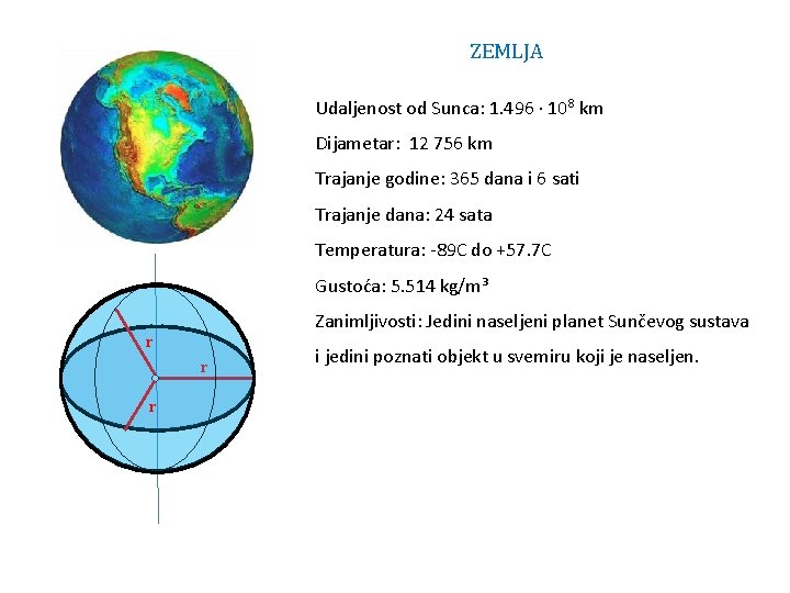 ZEMLJA Udaljenost od Sunca: 1. 496 · 108 km Dijametar: 12 756 km Trajanje