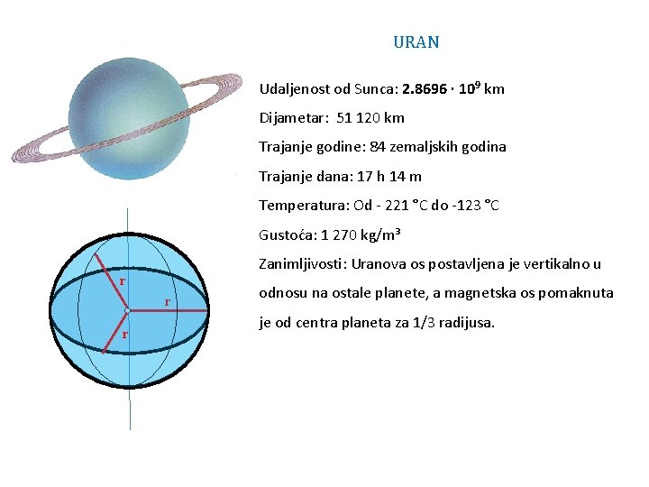 URAN Udaljenost od Sunca: 2. 8696 ∙ 109 km Dijametar: 51 120 km Trajanje