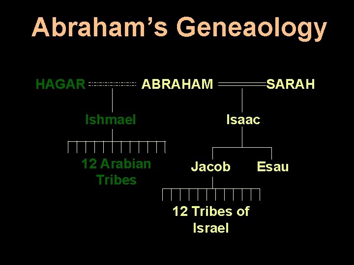 Abraham’s Geneaology HAGAR ABRAHAM Ishmael 12 Arabian Tribes SARAH Isaac Jacob 12 Tribes of