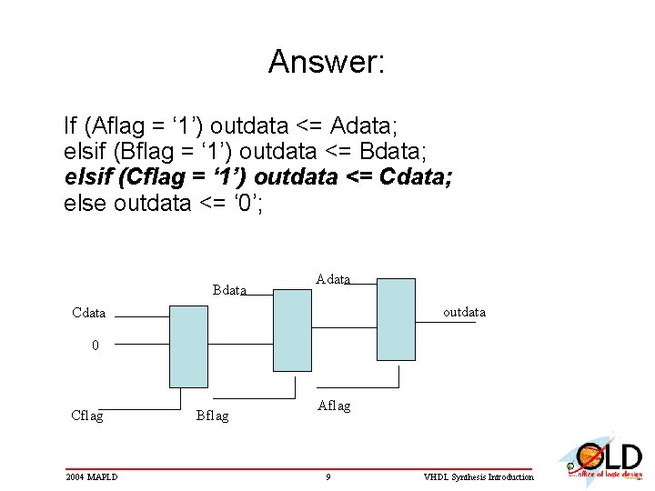Answer: If (Aflag = ‘ 1’) outdata <= Adata; elsif (Bflag = ‘ 1’)