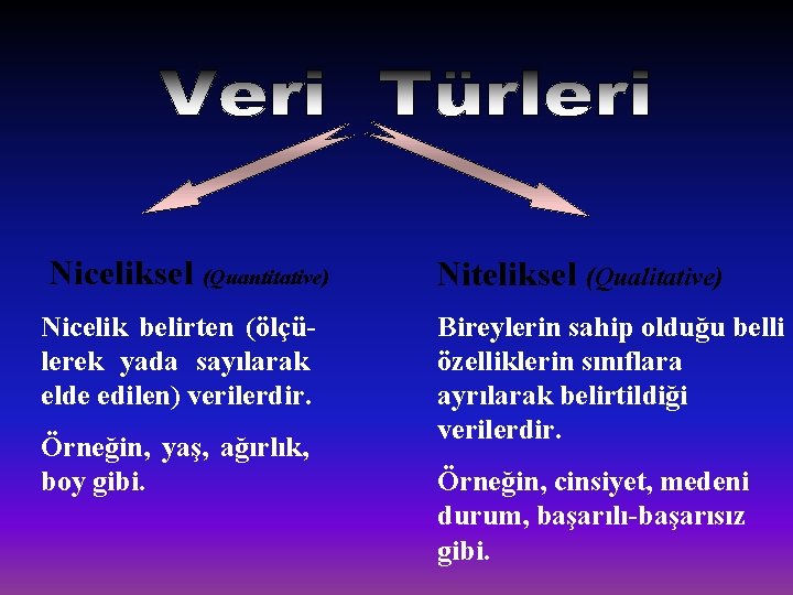 Niceliksel (Quantitative) Niteliksel (Qualitative) Nicelik belirten (ölçülerek yada sayılarak elde edilen) verilerdir. Bireylerin sahip