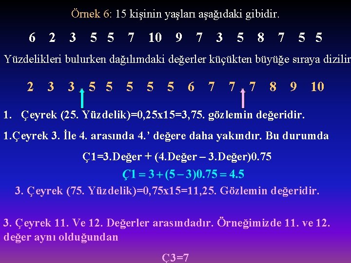 Örnek 6: 15 kişinin yaşları aşağıdaki gibidir. 6 2 3 5 5 7 10