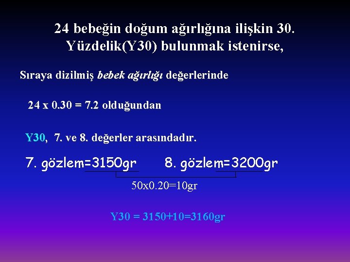 24 bebeğin doğum ağırlığına ilişkin 30. Yüzdelik(Y 30) bulunmak istenirse, Sıraya dizilmiş bebek ağırlığı