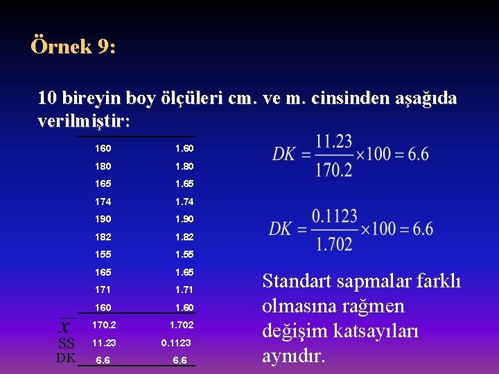 Örnek 9: 10 bireyin boy ölçüleri cm. ve m. cinsinden aşağıda verilmiştir: SS DK