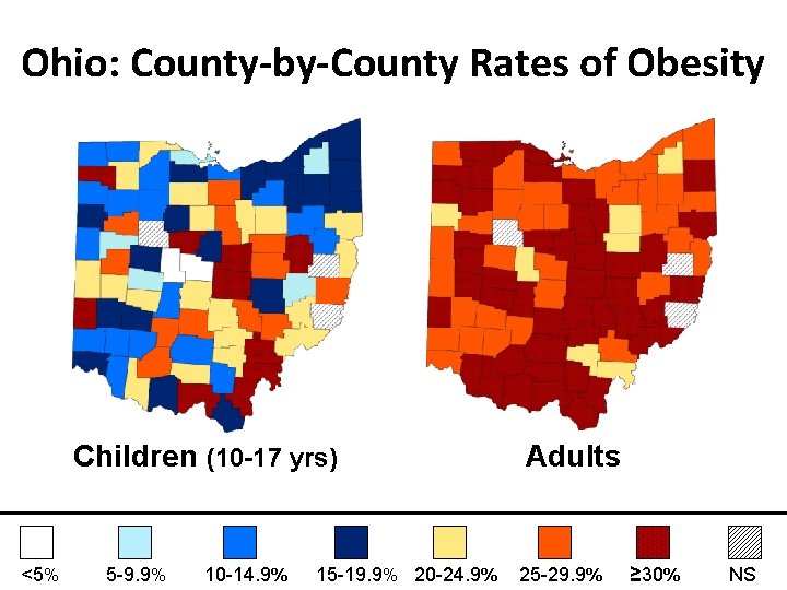 Ohio: County-by-County Rates of Obesity Children (10 -17 yrs) <5% 5 -9. 9% 10