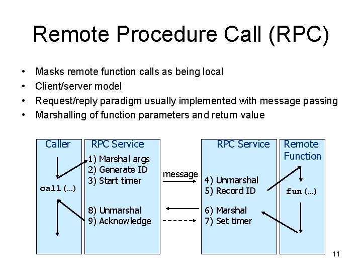 Remote Procedure Call (RPC) • • Masks remote function calls as being local Client/server